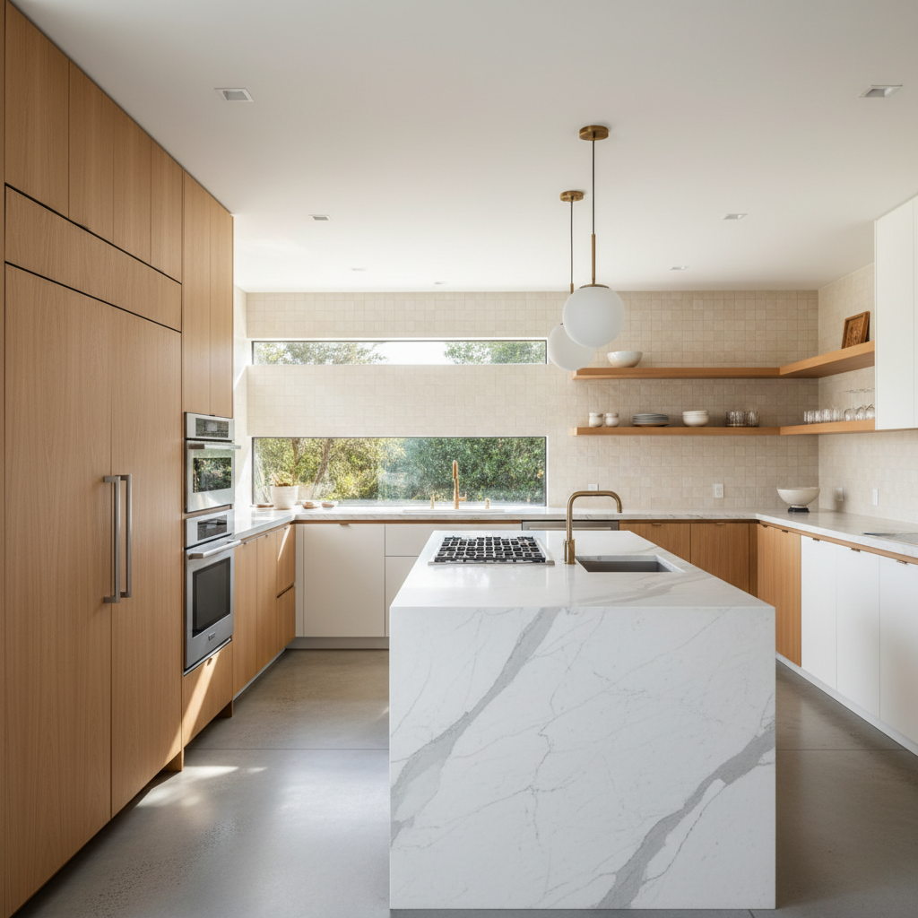 Bright upscale kitchen with integrated refrigerator and wall oven